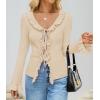 ZESICA Womens 2026 Fall Tie Front Bow Cardigan Sweaters Long Bell Sleeve V Neck Ruffled Knit Cropped Trendy Tops(Apricot)