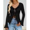 ZESICA Womens 2026 Fall Tie Front Bow Cardigan Sweaters Long Bell Sleeve V Neck Ruffled Knit Cropped Trendy Tops(Black)