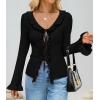 ZESICA Womens 2026 Fall Tie Front Bow Cardigan Sweaters Long Bell Sleeve V Neck Ruffled Knit Cropped Trendy Tops(Black)