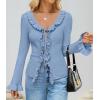 ZESICA Womens 2026 Fall Tie Front Bow Cardigan Sweaters Long Bell Sleeve V Neck Ruffled Knit Cropped Trendy Tops(Blue)