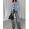 ZESICA Womens 2026 Fall Tie Front Bow Cardigan Sweaters Long Bell Sleeve V Neck Ruffled Knit Cropped Trendy Tops(Blue)