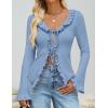ZESICA Womens 2026 Fall Tie Front Bow Cardigan Sweaters Long Bell Sleeve V Neck Ruffled Knit Cropped Trendy Tops(Blue)
