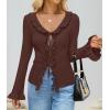 ZESICA Womens 2026 Fall Tie Front Bow Cardigan Sweaters Long Bell Sleeve V Neck Ruffled Knit Cropped Trendy Tops(Brown)