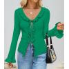 ZESICA Womens 2026 Fall Tie Front Bow Cardigan Sweaters Long Bell Sleeve V Neck Ruffled Knit Cropped Trendy Tops(Green)