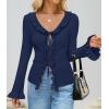 ZESICA Womens 2026 Fall Tie Front Bow Cardigan Sweaters Long Bell Sleeve V Neck Ruffled Knit Cropped Trendy Tops(Navy)