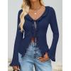 ZESICA Womens 2026 Fall Tie Front Bow Cardigan Sweaters Long Bell Sleeve V Neck Ruffled Knit Cropped Trendy Tops(Navy)