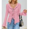 ZESICA Womens 2026 Fall Tie Front Bow Cardigan Sweaters Long Bell Sleeve V Neck Ruffled Knit Cropped Trendy Tops(Pink)