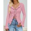 ZESICA Womens 2026 Fall Tie Front Bow Cardigan Sweaters Long Bell Sleeve V Neck Ruffled Knit Cropped Trendy Tops(Pink)
