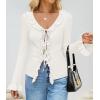 ZESICA Womens 2026 Fall Tie Front Bow Cardigan Sweaters Long Bell Sleeve V Neck Ruffled Knit Cropped Trendy Tops(White)