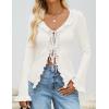 ZESICA Womens 2026 Fall Tie Front Bow Cardigan Sweaters Long Bell Sleeve V Neck Ruffled Knit Cropped Trendy Tops(White)
