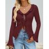 ZESICA Womens 2026 Fall Tie Front Bow Cardigan Sweaters Long Bell Sleeve V Neck Ruffled Knit Cropped Trendy Tops(Wine)
