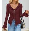 ZESICA Womens 2026 Fall Tie Front Bow Cardigan Sweaters Long Bell Sleeve V Neck Ruffled Knit Cropped Trendy Tops(Wine)