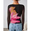 ZESICA Womens 2026 Spring Floral Mesh Going Out Tops Long Sleeve Crewneck Slim Fit Ruched Y2k Shirt Beach Vacation Outfit(Black)