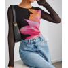 ZESICA Womens 2026 Spring Floral Mesh Going Out Tops Long Sleeve Crewneck Slim Fit Ruched Y2k Shirt Beach Vacation Outfit(Black)