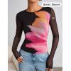 ZESICA Womens 2026 Spring Floral Mesh Going Out Tops Long Sleeve Crewneck Slim Fit Ruched Y2k Shirt Beach Vacation Outfit(Black)