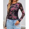 ZESICA Womens 2026 Spring Floral Mesh Going Out Tops Long Sleeve Crewneck Slim Fit Ruched Y2k Shirt Beach Vacation Outfit(Black Rose)