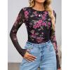 ZESICA Womens 2026 Spring Floral Mesh Going Out Tops Long Sleeve Crewneck Slim Fit Ruched Y2k Shirt Beach Vacation Outfit(Black Rose)