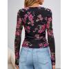 ZESICA Womens 2026 Spring Floral Mesh Going Out Tops Long Sleeve Crewneck Slim Fit Ruched Y2k Shirt Beach Vacation Outfit(Black Rose)