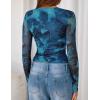 ZESICA Womens 2026 Spring Floral Mesh Going Out Tops Long Sleeve Crewneck Slim Fit Ruched Y2k Shirt Beach Vacation Outfit(Blue)