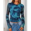 ZESICA Womens 2026 Spring Floral Mesh Going Out Tops Long Sleeve Crewneck Slim Fit Ruched Y2k Shirt Beach Vacation Outfit(Blue)