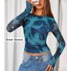 ZESICA Womens 2026 Spring Floral Mesh Going Out Tops Long Sleeve Crewneck Slim Fit Ruched Y2k Shirt Beach Vacation Outfit(Blue)