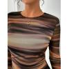 ZESICA Womens 2026 Spring Floral Mesh Going Out Tops Long Sleeve Crewneck Slim Fit Ruched Y2k Shirt Beach Vacation Outfit(Brown)