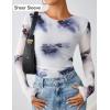 ZESICA Womens 2026 Spring Floral Mesh Going Out Tops Long Sleeve Crewneck Slim Fit Ruched Y2k Shirt Beach Vacation Outfit(Gray Blue)