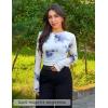 ZESICA Womens 2026 Spring Floral Mesh Going Out Tops Long Sleeve Crewneck Slim Fit Ruched Y2k Shirt Beach Vacation Outfit(Gray Blue)