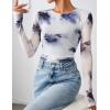 ZESICA Womens 2026 Spring Floral Mesh Going Out Tops Long Sleeve Crewneck Slim Fit Ruched Y2k Shirt Beach Vacation Outfit(Gray Blue)