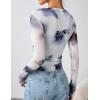 ZESICA Womens 2026 Spring Floral Mesh Going Out Tops Long Sleeve Crewneck Slim Fit Ruched Y2k Shirt Beach Vacation Outfit(Gray Blue)