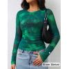 ZESICA Womens 2026 Spring Floral Mesh Going Out Tops Long Sleeve Crewneck Slim Fit Ruched Y2k Shirt Beach Vacation Outfit(Green)