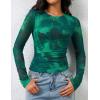 ZESICA Womens 2026 Spring Floral Mesh Going Out Tops Long Sleeve Crewneck Slim Fit Ruched Y2k Shirt Beach Vacation Outfit(Green)