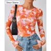 ZESICA Womens 2026 Spring Floral Mesh Going Out Tops Long Sleeve Crewneck Slim Fit Ruched Y2k Shirt Beach Vacation Outfit(Orange)