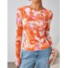 ZESICA Womens 2026 Spring Floral Mesh Going Out Tops Long Sleeve Crewneck Slim Fit Ruched Y2k Shirt Beach Vacation Outfit(Orange)