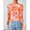 ZESICA Womens 2026 Spring Floral Mesh Going Out Tops Long Sleeve Crewneck Slim Fit Ruched Y2k Shirt Beach Vacation Outfit(Orange)