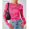 ZESICA Womens 2026 Spring Floral Mesh Going Out Tops Long Sleeve Crewneck Slim Fit Ruched Y2k Shirt Beach Vacation Outfit(Pink)