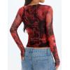 ZESICA Womens 2026 Spring Floral Mesh Going Out Tops Long Sleeve Crewneck Slim Fit Ruched Y2k Shirt Beach Vacation Outfit(Red)