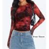 ZESICA Womens 2026 Spring Floral Mesh Going Out Tops Long Sleeve Crewneck Slim Fit Ruched Y2k Shirt Beach Vacation Outfit(Red)