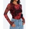 ZESICA Womens 2026 Spring Floral Mesh Going Out Tops Long Sleeve Crewneck Slim Fit Ruched Y2k Shirt Beach Vacation Outfit(Red)