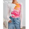 ZESICA Womens 2026 Spring Floral Mesh Going Out Tops Long Sleeve Crewneck Slim Fit Ruched Y2k Shirt Beach Vacation Outfit(White)