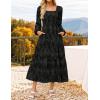 ZESICA Women’s 2026 Spring Floral Midi Dress Long Sleeve Smocked Flowy Long Wedding Guest Vacation Dresses(Black)
