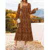 ZESICA Women’s 2026 Spring Floral Midi Dress Long Sleeve Smocked Flowy Long Wedding Guest Vacation Dresses(Brown)
