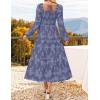 ZESICA Women’s 2026 Spring Floral Midi Dress Long Sleeve Smocked Flowy Long Wedding Guest Vacation Dresses(Dustyblue)