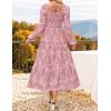 ZESICA Women’s 2026 Spring Floral Midi Dress Long Sleeve Smocked Flowy Long Wedding Guest Vacation Dresses(Pink)