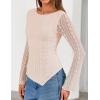 ZESICA Womens 2026 Spring Summer Lace Mesh Sleeve Tops Going Out Double Lined Slim Fit Asymmetrical Shirts Date Night Outfit(Beige)