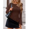 ZESICA Womens 2026 Spring Summer Lace Mesh Sleeve Tops Going Out Double Lined Slim Fit Asymmetrical Shirts Date Night Outfit(Brown)