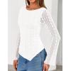 ZESICA Womens 2026 Spring Summer Lace Mesh Sleeve Tops Going Out Double Lined Slim Fit Asymmetrical Shirts Date Night Outfit(White)
