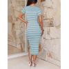 ZESICA Women’s 2026 Summer Bodycon Midi Dress Striped Short Sleeve Ribbed Knit Slim Fit Side Slit Vacation Long Dresses(Light Blue)