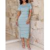 ZESICA Women’s 2026 Summer Bodycon Midi Dress Striped Short Sleeve Ribbed Knit Slim Fit Side Slit Vacation Long Dresses(Light Blue)