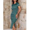 ZESICA Women’s 2026 Summer Bodycon Midi Dress Striped Short Sleeve Ribbed Knit Slim Fit Side Slit Vacation Long Dresses(Teal)
